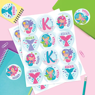 Colorful Mermaids Personalized Round Stickers - Set of 48