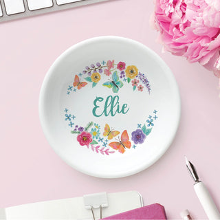 Flowers And Butterflies Personalized Round Trinket Dish