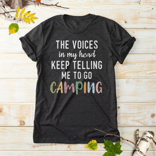 Voices In My Head  Say Go Camping Adult Charcoal T-Shirt 