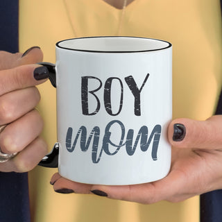Boy Mom White Coffee Mug with Black Rim and Handle-11oz