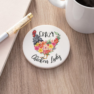 Floral Crazy Chicken Lady Round Desk Coaster