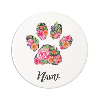 Floral Paw Print Personalized Round Desk Coaster