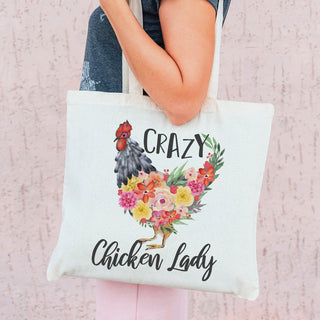 Floral Crazy Chicken Lady White Tote Bag