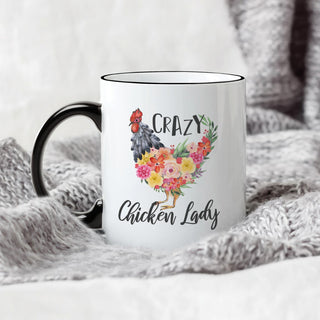 Floral Crazy Chicken Lady White Coffee Mug with Black Rim and Handle-11oz