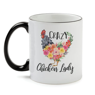 Floral Crazy Chicken Lady White Coffee Mug with Black Rim and Handle-11oz