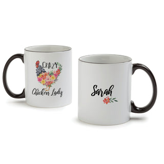 Floral Crazy Chicken Lady White Coffee Mug with Black Rim and Handle-11oz