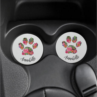 Floral Paw Print Personalized Car Coaster Set