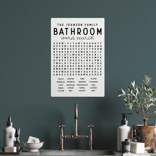 Bathroom Word Search Personalized White Wood Art Plaque