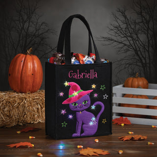 Purple Cat with Hat Personalized LED Halloween Treat Bag