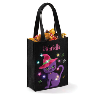 Purple Cat with Hat Personalized LED Halloween Treat Bag