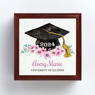 Floral Graduation Cap Personalized Tile Keepsake Box