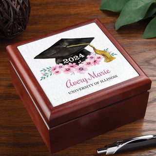 Floral Graduation Cap Personalized Tile Keepsake Box