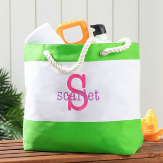 Colorful Initial & Name Kid's Beach Tote - Green Stripe