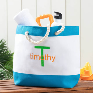 Colorful Initial & Name Kid's Beach Tote - Blue Stripe