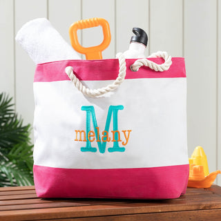 Colorful Initial & Name Kid's Beach Tote - Pink Stripe