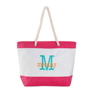 Colorful Initial & Name Kid's Beach Tote - Pink Stripe