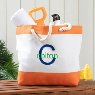 Colorful Initial & Name Kid's Beach Tote - Orange Stripe