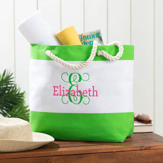 Colorful Script Initial & Name Ladies' Beach Tote - Green Stripe