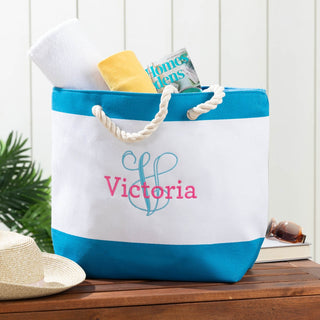 Colorful Script Initial & Name Ladies' Beach Tote - Blue Stripe