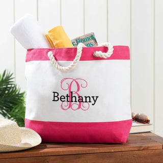 Colorful Script Initial & Name Ladies' Beach Tote - Pink Stripe