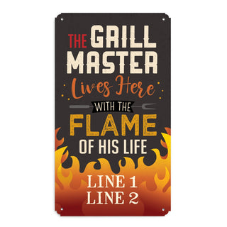 Grill Master Lives Here with His Hot Flame Metal Sign