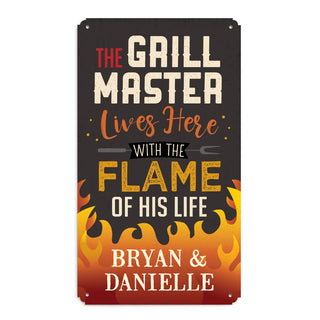 Grill Master Lives Here with His Hot Flame Metal Sign