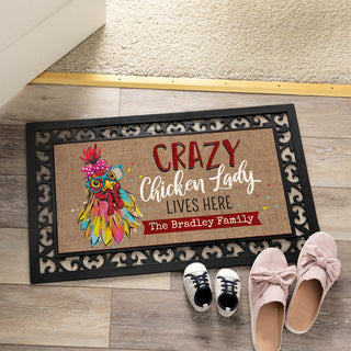 Crazy Chicken Lady Lives Here Insert and Ornate Rubber Doormat Frame