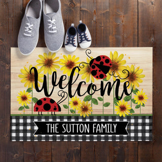 Welcome Ladybug and Sunflower Personalized Thin Doormat
