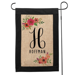 Floral Family Initial And Name Black Garden Flag