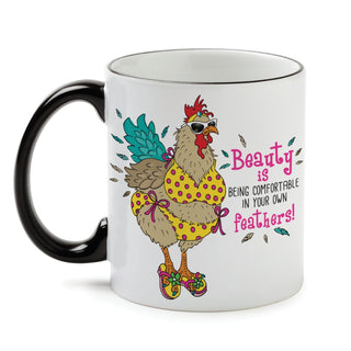 Be Comfortable Feathers White Coffee Mug with Black Rim and Handle-11oz