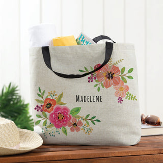 Floral Beach Tote with Black Straps
