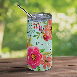 Teal Floral Stainless Steel Tumbler with Straw & Lid