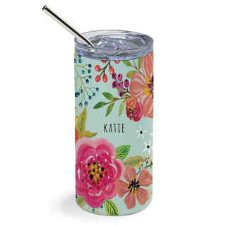 Teal Floral Stainless Steel Tumbler with Straw