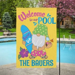 Welcome to our Pool Surfer Gnome Personalized Garden Flag
