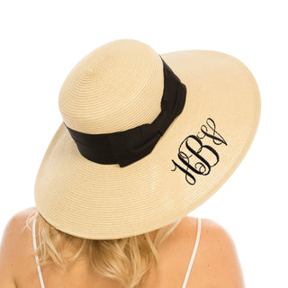 Embroidered Monogram Down Brim Sun Hat Natural With Black Bow