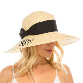 Embroidered Monogram Down Brim Sun Hat Natural With Bow