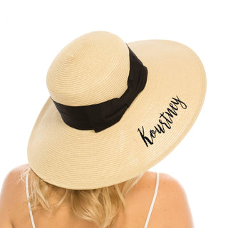 Embroidered Script Name Downbrim Sun Hat Natural With Black Bow