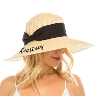 Embroidered Script Name Downbrim Sun Hat Natural With Black Bow