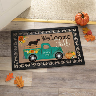 Welcome Fall Teal Truck Insert and Ornate Rubber Doormat Frame