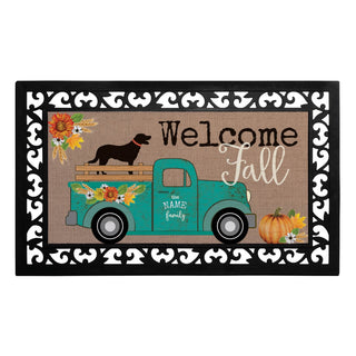 Welcome Fall Teal Truck Insert and Ornate Rubber Doormat Frame