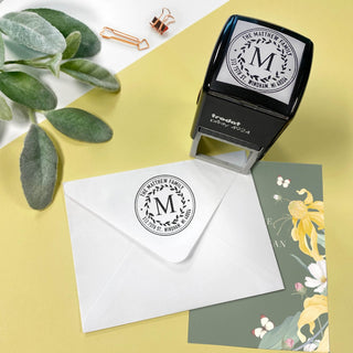 Elegant Script Name With Vine Square Self-Inking Address Stamp