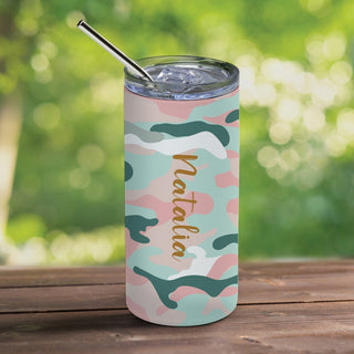 Pink and Teal Camo Steel Tumbler with Straw & Lid