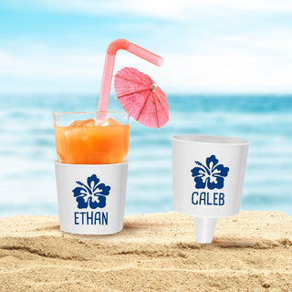 Blue Hibiscus Flower on White Personalized Beach Drink Holder
