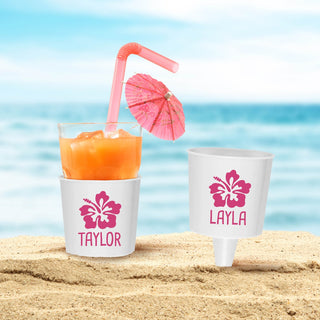Pink Hibiscus Flower on White Personalized Beach Drink Holder