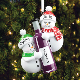 Snow Couple With Bottle Of Wine Personalized Ornament