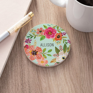 Teal Floral Personalized Round Desk Coaster