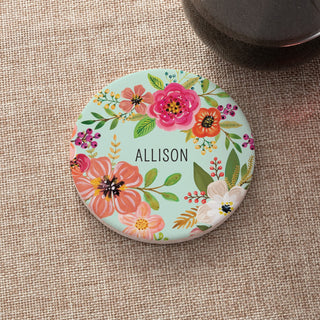 Teal Floral Personalized Round Desk Coaster