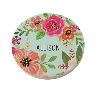 Teal Floral Personalized Round Desk Coaster