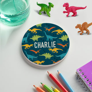 Colorful Dino Pattern Personalized Round Desk Coaster