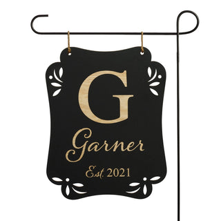 Name and Initial Personalized Black Wood Hanging Garden Flag